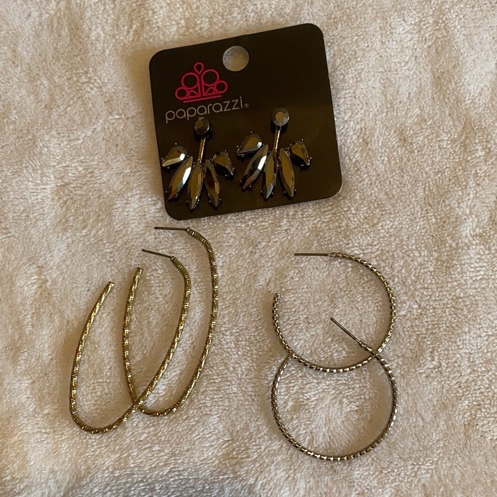 3 Sets- Silver and Gold-Tone Earring Sets with Smoky Crystal Accent